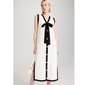 Nicole Miller Contrast Trim Knit Midi‎ Dress With Ribbon Tie